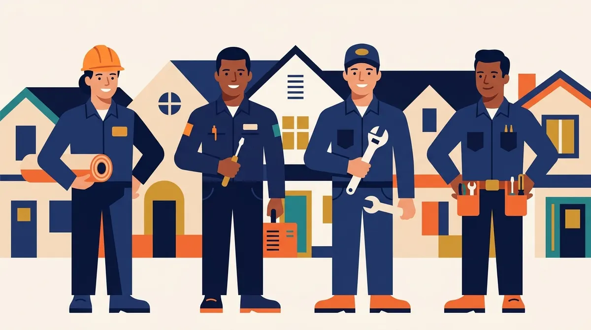 Roofer, HVAC technician, plumber, and electrician standing together