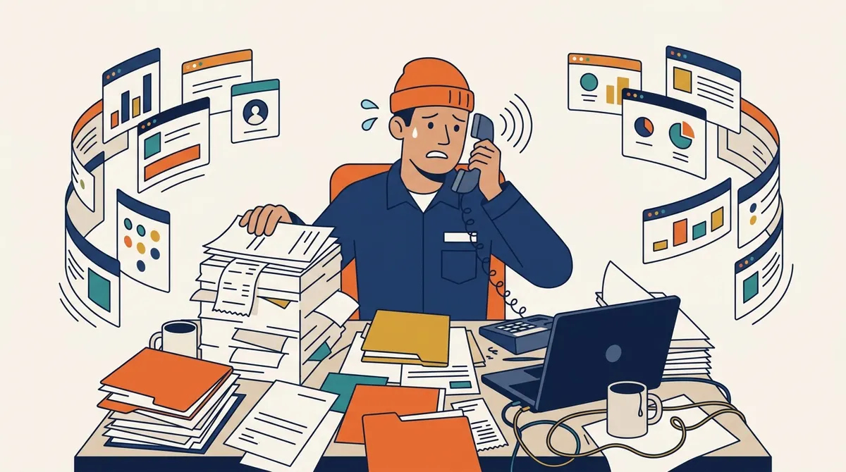 Overwhelmed contractor juggling phone calls, paperwork, and too many apps