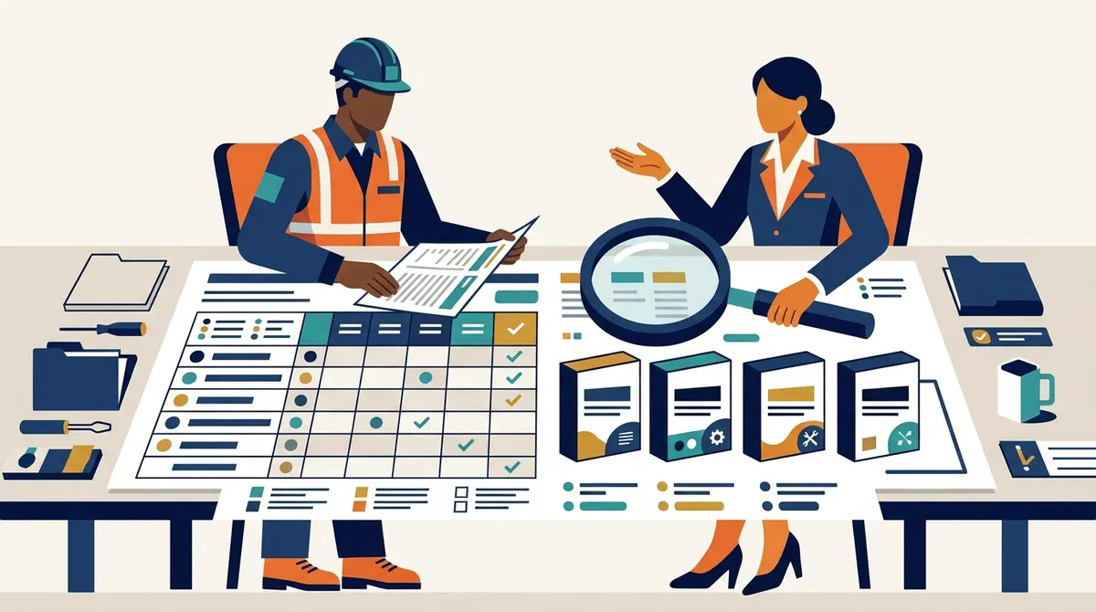 Contractor and advisor reviewing a software comparison checklist together